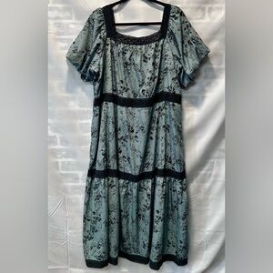 Cottagecore Boho Romantic Dusty Teal & Gray Ballon Sleeve Midi Dress Size XL